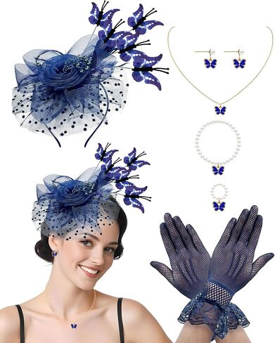 Navy Blue Butterfly Fascinator Hat Set for Women Tea Party Hats Gloves for Women Cocktail Wedding Halloween 1920s in Saudi Arabia