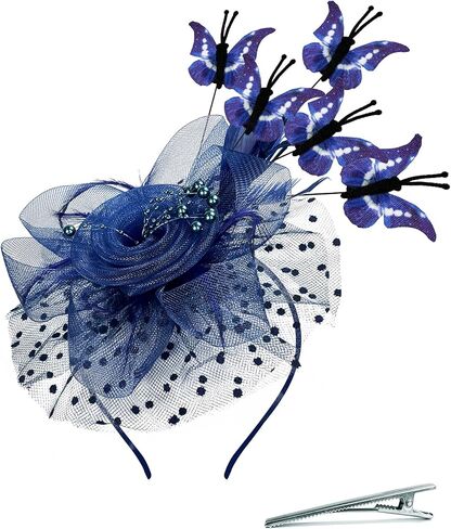 Navy Blue Butterfly Fascinator Hat Set for Women Tea Party Hats Gloves for Women Cocktail Wedding Halloween 1920s in Saudi Arabia