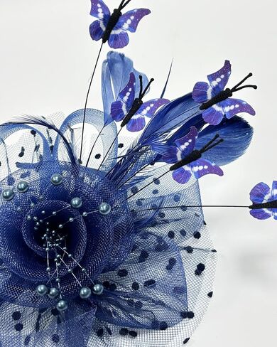 Navy Blue Butterfly Fascinator Hat Set for Women Tea Party Hats Gloves for Women Cocktail Wedding Halloween 1920s in Saudi Arabia