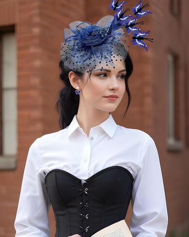 Navy Blue Butterfly Fascinator Hat Set for Women Tea Party Hats Gloves for Women Cocktail Wedding Halloween 1920s in Saudi Arabia