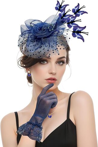 Navy Blue Butterfly Fascinator Hat Set for Women Tea Party Hats Gloves for Women Cocktail Wedding Halloween 1920s in Saudi Arabia