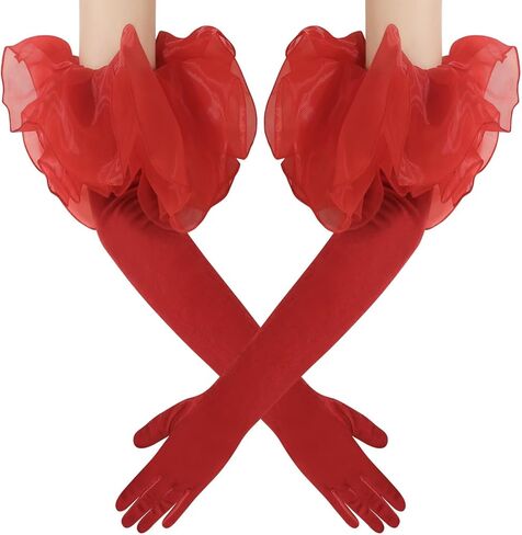 Women's Long Puffy Oversize Ruffled Cuff Velvet Gloves Tulle Satin Gloves for Wedding Opera Party Costume in Kuwait