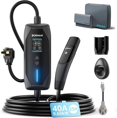 شاحن bokman المحمول من المستوى 2 والمستوى 1 لـ Tesla (240 فولت، 40 أمبير)، كابل 25 قدمًا ومقبس NEMA14-50 + محول NEMA 5-15 للمقبس المنزلي، تيار قابل للتعديل 6-40 أمبير مع مؤقت تأخير للطرز Y/X/3/S in Kuwait
