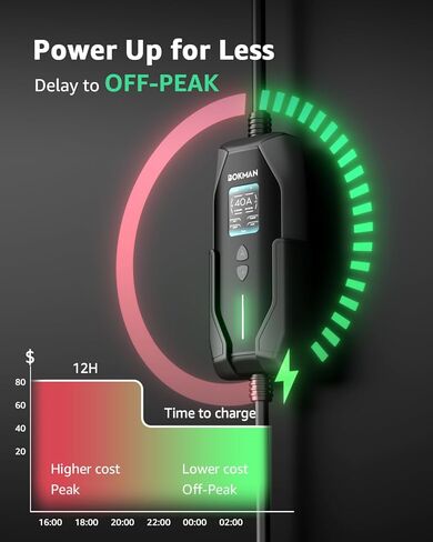 شاحن bokman المحمول من المستوى 2 والمستوى 1 لـ Tesla (240 فولت، 40 أمبير)، كابل 25 قدمًا ومقبس NEMA14-50 + محول NEMA 5-15 للمقبس المنزلي، تيار قابل للتعديل 6-40 أمبير مع مؤقت تأخير للطرز Y/X/3/S in Kuwait