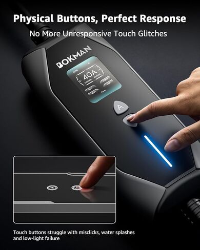 شاحن bokman المحمول من المستوى 2 والمستوى 1 لـ Tesla (240 فولت، 40 أمبير)، كابل 25 قدمًا ومقبس NEMA14-50 + محول NEMA 5-15 للمقبس المنزلي، تيار قابل للتعديل 6-40 أمبير مع مؤقت تأخير للطرز Y/X/3/S in Kuwait