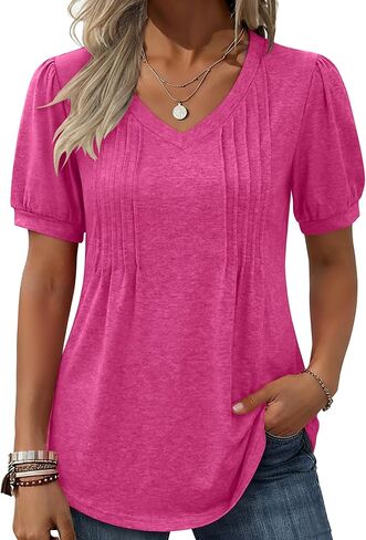 Zeagoo Women's Puff Short Sleeve Boho Shirts Casual V Neck Floral Solid Summer Blouse Pleated Tunic Top in Kuwait