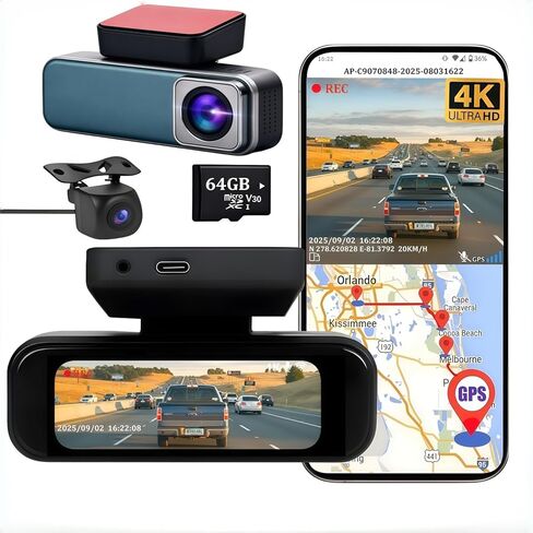 4K Dash Cam Front and Rear with WiFi, UHD 2160P+1080P Dual Dash Camera for Cars, Super Night Vision, 3" IPS Screen, 24H Parking Mode, 170° Wide Angle, G-Sensor, Loop Recording, Free 64GB Card Included in Saudi Arabia
