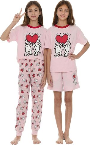 Keith Haring Youth 3-Piece Cotton Blend Pajama Set, Short Sleeve Crew Neck Top with Jogger Pants & Shorts 7-20 in Saudi Arabia