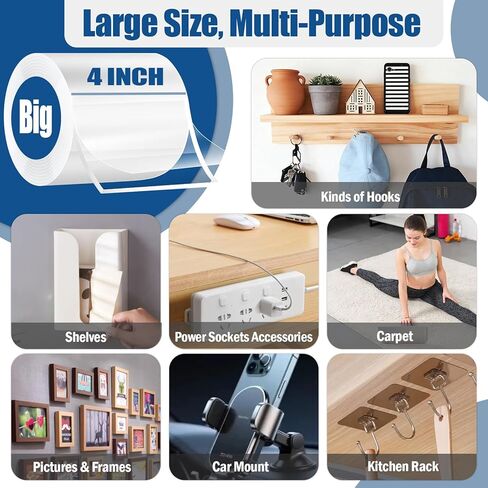 4In x 11.5Ft Double Sided Nano Tape, Heavy Duty Clear Mounting Tape, Extra Wide Reusable Adhesive for Posters, Carpets, Rugs, Picture Hanging in Saudi Arabia