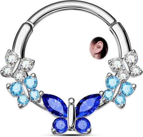 CM Crareesi Mania Spring Septum Rings, Cute Butterfly Septum Piercing Jewelry, 16G Septum Nose Rings for Women, 316L Surgical Steel Blue Daith Helix Earrings Hoop in Saudi Arabia