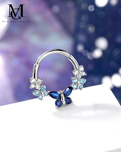 CM Crareesi Mania Spring Septum Rings, Cute Butterfly Septum Piercing Jewelry, 16G Septum Nose Rings for Women, 316L Surgical Steel Blue Daith Helix Earrings Hoop in Saudi Arabia