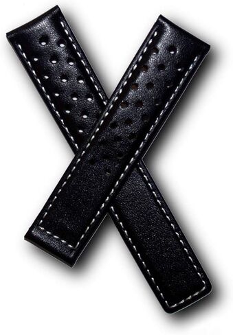 Watchstrapworld TH-CAR19-01-0911-19 mm Black sports perforated leather watch band with white stitching compatible with TAG Heuer Carrera models listed below in Kuwait