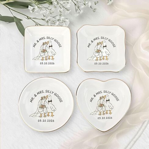 Personalized Mr and Mrs Silly Goose Ring Dish for Couples, Custom Wedding Date Jewelry Holder, Funny Goose Engagement Gift for Bride Groom, Ceramic Heart Round Square Trinket Plate Gold Rim in Saudi Arabia