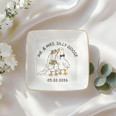 Personalized Mr and Mrs Silly Goose Ring Dish for Couples, Custom Wedding Date Jewelry Holder, Funny Goose Engagement Gift for Bride Groom, Ceramic Heart Round Square Trinket Plate Gold Rim in Saudi Arabia