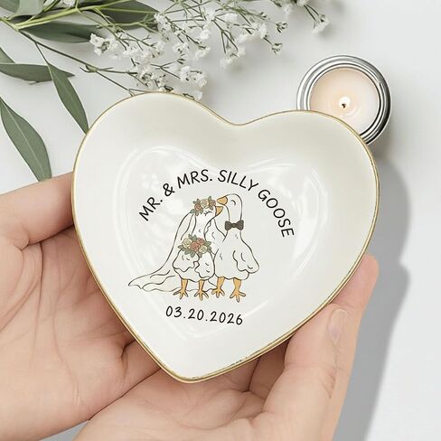 Personalized Mr and Mrs Silly Goose Ring Dish for Couples, Custom Wedding Date Jewelry Holder, Funny Goose Engagement Gift for Bride Groom, Ceramic Heart Round Square Trinket Plate Gold Rim in Saudi Arabia