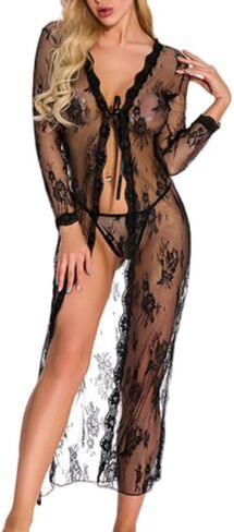 1PC Sheer Black Lace Nightgown, Long Sleeve Sexy Chemise with Floral Embroidery, Adjustable Tie Front & Thigh Slit, Black in Saudi Arabia