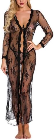 1PC Sheer Black Lace Nightgown, Long Sleeve Sexy Chemise with Floral Embroidery, Adjustable Tie Front & Thigh Slit, Black in Saudi Arabia