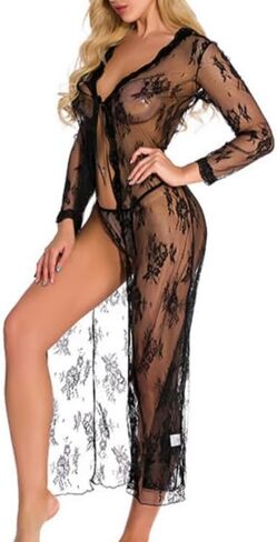 1PC Sheer Black Lace Nightgown, Long Sleeve Sexy Chemise with Floral Embroidery, Adjustable Tie Front & Thigh Slit, Black in Saudi Arabia