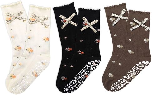 3 أزواج من الجوارب البيلاتيس اللطيفة للنساء ذات القوس المكشكش نمط الأزهار جوارب غير قابلة للانزلاق لليوجا، باري، حافي القدمين in Kuwait