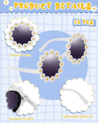 Sumind 24 Pairs Kids Daisy Sunglasses Flower Round Sunglasses for Toddler Child Beach Glasses Cute Eyewear Party Favor (White) in Saudi Arabia