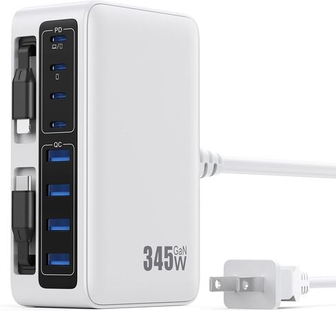 كتلة شاحن USB C بقدرة 345 وات مع كابلين مدمجين قابلين للسحب، ومحطة شحن GaN IV USB C 10 في 1، ومحول طاقة شاحن الكمبيوتر المحمول PD 65 وات لأجهزة MacBook Pro/Air، وDELL، وiPhone17/16/15/14، وGalaxy S24، وAndroid وغيرها in Kuwait