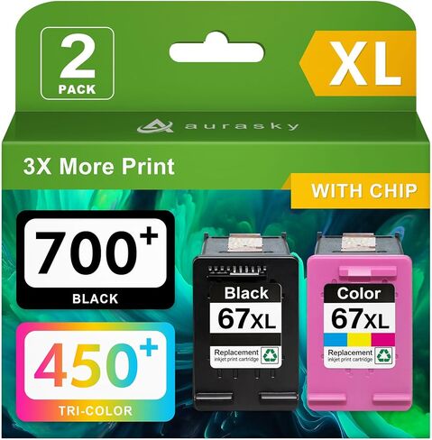 خراطيش حبر AURASKY 67XL حزمة كومبو باللون الأسود/اللون متوافقة مع حبر الطابعة HP Ink 67 XL لحبر HP DeskJet 2700 2700e 2755e 2800 2855e 4155e 4255e 2852e Envy 6055e 6000 6455e (عبوتان) in Kuwait