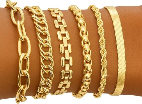 مجموعة أساور سلسلة مطلية بالذهب 14 قيراط - مشبك ورق قابل للتكديس، حبل، ثعبان، سلسلة أساور فيجارو، هدايا عيد الفصح، حشو بيض عيد الفصح، أساسيات مجوهرات عيد ميلاد الصديقة للنساء، 6 قطع in Kuwait