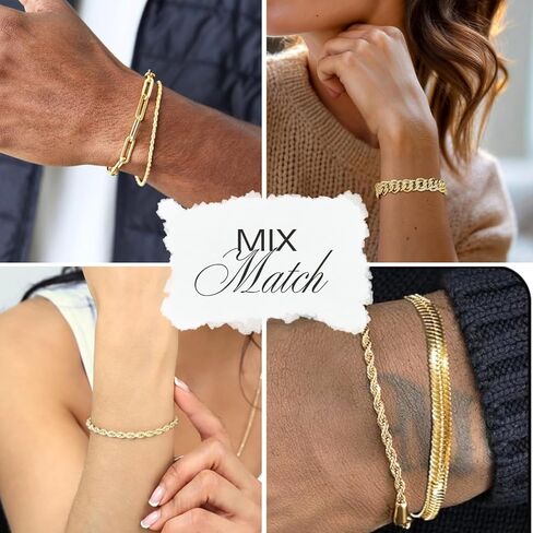 مجموعة أساور سلسلة مطلية بالذهب 14 قيراط - مشبك ورق قابل للتكديس، حبل، ثعبان، سلسلة أساور فيجارو، هدايا عيد الفصح، حشو بيض عيد الفصح، أساسيات مجوهرات عيد ميلاد الصديقة للنساء، 6 قطع in Kuwait