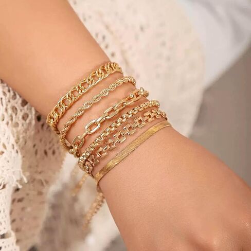 مجموعة أساور سلسلة مطلية بالذهب 14 قيراط - مشبك ورق قابل للتكديس، حبل، ثعبان، سلسلة أساور فيجارو، هدايا عيد الفصح، حشو بيض عيد الفصح، أساسيات مجوهرات عيد ميلاد الصديقة للنساء، 6 قطع in Kuwait