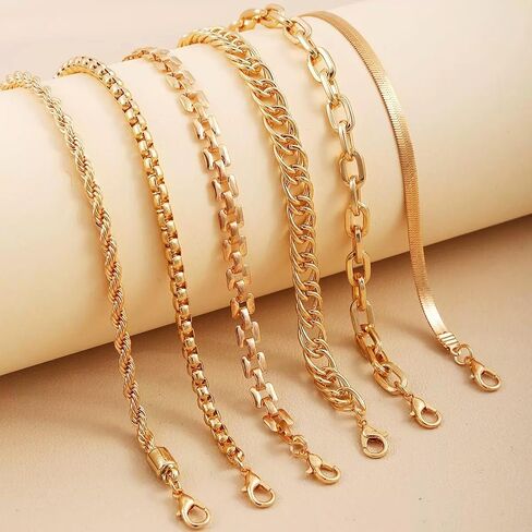 مجموعة أساور سلسلة مطلية بالذهب 14 قيراط - مشبك ورق قابل للتكديس، حبل، ثعبان، سلسلة أساور فيجارو، هدايا عيد الفصح، حشو بيض عيد الفصح، أساسيات مجوهرات عيد ميلاد الصديقة للنساء، 6 قطع in Kuwait