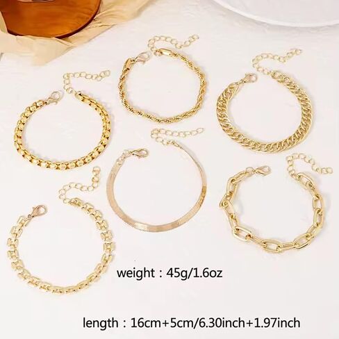 مجموعة أساور سلسلة مطلية بالذهب 14 قيراط - مشبك ورق قابل للتكديس، حبل، ثعبان، سلسلة أساور فيجارو، هدايا عيد الفصح، حشو بيض عيد الفصح، أساسيات مجوهرات عيد ميلاد الصديقة للنساء، 6 قطع in Kuwait