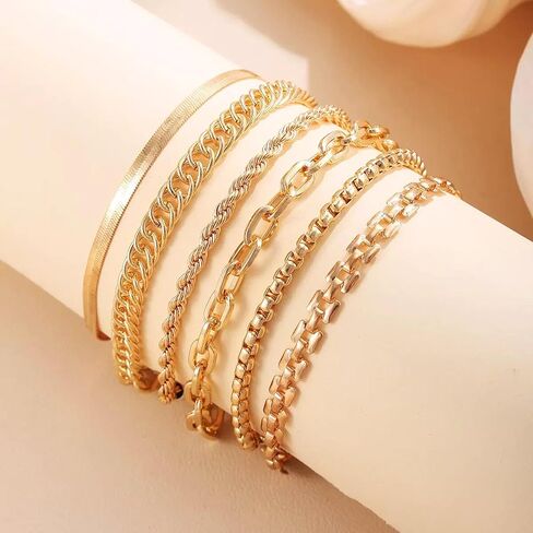 مجموعة أساور سلسلة مطلية بالذهب 14 قيراط - مشبك ورق قابل للتكديس، حبل، ثعبان، سلسلة أساور فيجارو، هدايا عيد الفصح، حشو بيض عيد الفصح، أساسيات مجوهرات عيد ميلاد الصديقة للنساء، 6 قطع in Kuwait