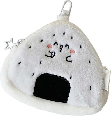 Onigiri Shaped Coin Purse Keychain - Portable Zipper Wallet for Cash, Keys, Earphones | Plush Travel Bag Charm for Women | Small Change Pouch | Novelty Gift Idea (White, Onigiri B) in Saudi Arabia