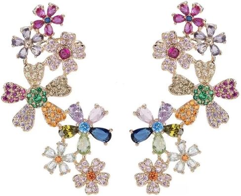 Ear Climber Earrings for One Hole or Clip on Earring, Multicolor Crystal Flower Ear Cuff Earrings, Floral Design with Gemstones crawler earrings in Saudi Arabia