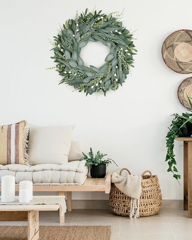 16" Faux Round Boxwood Wreath, Vlorart Artificial Boxwood Wreath Front Door Wreaths Artificial Spring Summer Greenery Hanging with A Plaid Bow for Front Door Wall Hanging Window Wedding Party Decor in Kuwait