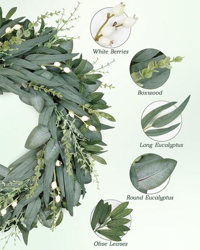 16" Faux Round Boxwood Wreath, Vlorart Artificial Boxwood Wreath Front Door Wreaths Artificial Spring Summer Greenery Hanging with A Plaid Bow for Front Door Wall Hanging Window Wedding Party Decor in Kuwait