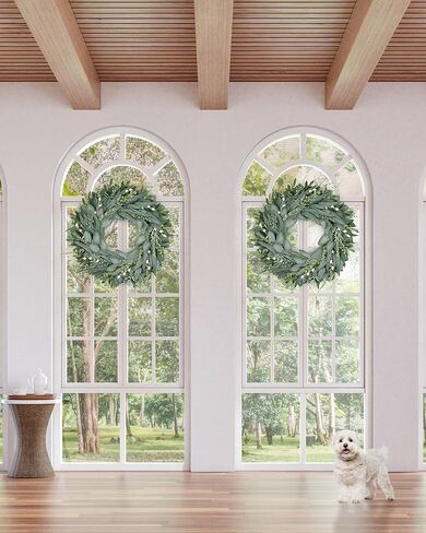 16" Faux Round Boxwood Wreath, Vlorart Artificial Boxwood Wreath Front Door Wreaths Artificial Spring Summer Greenery Hanging with A Plaid Bow for Front Door Wall Hanging Window Wedding Party Decor in Kuwait