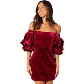 Petal & Pup Women's Dali Off Shoulder Velvet Mini Dress Ruby in Kuwait