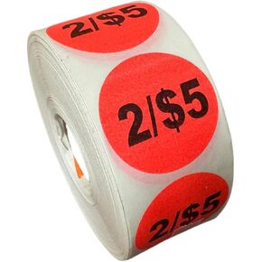 ملصقات والمزيد 2/5 دولارات ملصقات خصم 1.5 بوصة، ملصقات تسعير مستديرة باللون الأحمر الساطع، 1 لفة 1000 ملصق in Saudi Arabia