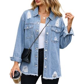 Kedera Womens Oversized Denim Jacket Distressed Casual Long Sleeve Washed Ripped Jean Shacket Fall Fashion Winter Clothes in Kuwait