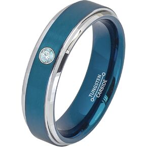 0.07ct Aquamarine Tungsten Ring - March Birthstone - 6MM Two-Tone Blue-Plated Brushed Finish Center Silver Stepped Edge Comfort Fit Unisex Wedding Anniversary Band in Kuwait