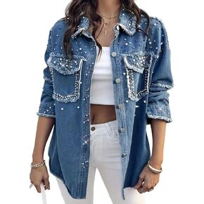 Jean Jackets for Women with Bling Embroidered Pearls Beading Washed Jean Jackets Oversized Coat Denim Shacket in Kuwait
