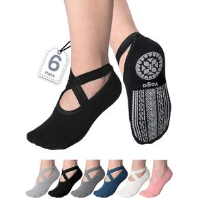 VITEVER 6-Pair Pilates Grip Socks for Women, Yoga Socks with Grips Non Slip Straps, Grippy Socks Suitable for Ballet, Barre, Dance, Hospital, Barefoot, Workout in Saudi Arabia