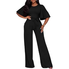 Jumpsuits For Women Dressy Batwing Sleeve Belted Wide Leg Romper Formal Wedding Evening Party Jumpsuit One Piece Outfits in Saudi Arabia