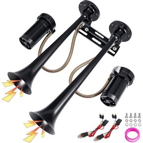 مجموعة بوق هوائي معدني مزدوج للشاحنة مع 2 ضواغط هواء - 12 فولت 150 ديسيبل بوق قطار عالي الصوت للشاحنات والقطارات والقوارب والسيارات، مناسب لحركة المرور الكثيفة أو المناسبات الخاصة in Kuwait