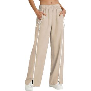بنطال رياضي نسائي واسع الساق، مرتفع الارتفاع، مخطط بعقدة جانبية، Y2K، فضفاض مع جيوب in Kuwait