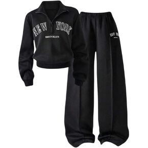 ملابس الفتيات المراهقات، ملابس غير رسمية بياقة واقفة، سويت شيرت مطبوع عليه حروف، سراويل طويلة، مجموعة ملابس الخريف المكونة من قطعتين لعمر 7-14 طن in Kuwait