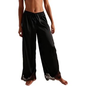 Women Silky Satin Wide Leg Pants Elastic Waist Silk Pajama Trousers Casual Loose Fit Loungewear Pj Bottoms in Kuwait