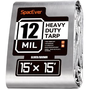 Tarp Heavy Duty 12x12 FT, 12 Mil Thick Large Tarps Water-Proof with Grommets, UV& Tear Resistant, Plastic Cover for Pool Roof Tent Outdoor Firewood, Silver& Brown in Kuwait