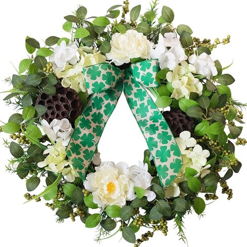 24" St Patrick's Day Wreath for Front Door - Spring Peony & Hydrangea Floral Wreath with Shamrock Bow & Lotus Pod, Lucky Clover Wreath for Everyday Indoor Outdoor Home Decor in Saudi Arabia